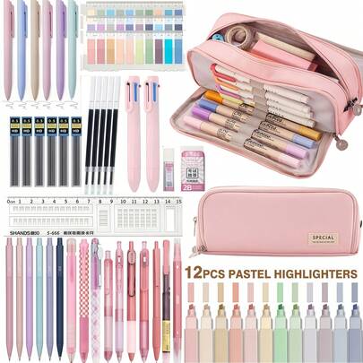 一套美观的学校用品，黑色墨水凝胶笔，大容量铅笔盒，12支粉彩荧光笔，6支0.5mm自动铅笔套装，学生文具大学必备品，办公学校用品，男女皆宜的礼物。