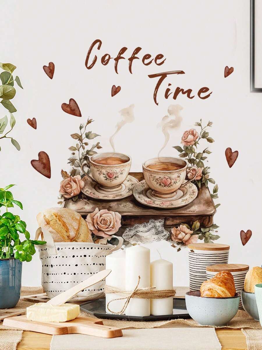 1件浪漫玫瑰花咖啡杯墙贴，可移除墙贴，适用于客厅、厨房、餐厅 - 1PC - 查看 1