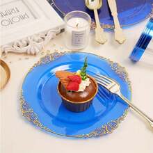 50pcs/25pcs/20pcs/10pcs 7.5inch/10.25inch Transparent Blue Rimmed Plates, Available In Glass Or Plastic Material, Western Dinner Plates, Party Plates, Pasta Plates, Reusable Blue Rimmed Plates, Transparent Blue Baroque Style Plates With Gold Foil Rim, Suitable For Party, Banquet, Wedding, New Year, Valentine's Day, Premium Plate Set - Blue - View 2