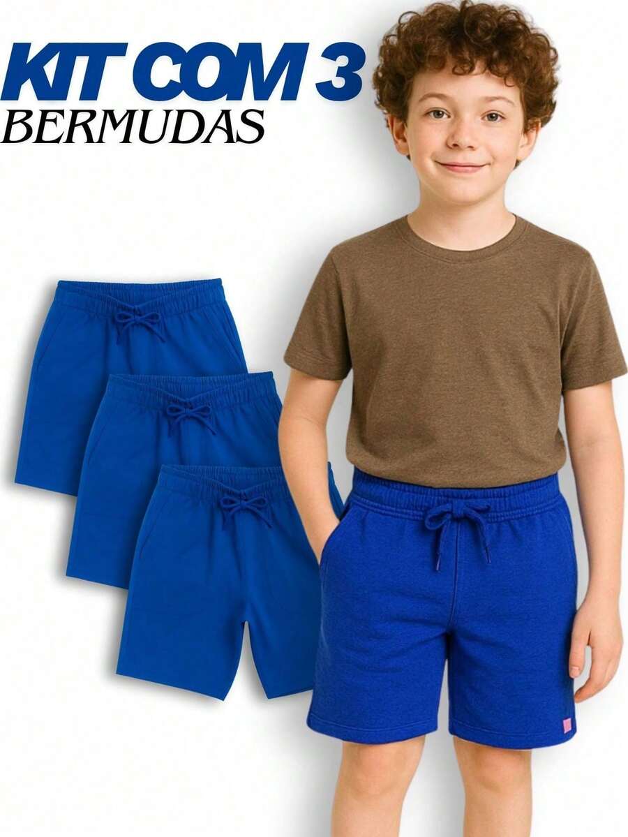 Set Of 3 Boys' Cotton Fleece Shorts With 2 Large Pockets - Royal/Royal/Royal - View 1