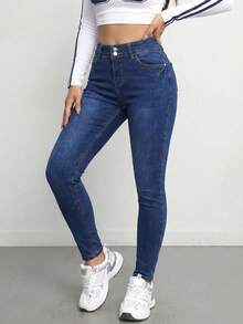 Pantalón Ajustado Negro de Talle Alto: Silueta Ceñida y Botonadura Frontal Decorativa, Denim Elástico para un Ajuste Cómodo y Versátil. - H2VA41 negro - Ver 6