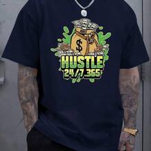 Camiseta estampada HUSTLE para homens, camiseta casual de manga curta para o verão - Azul Marinho - Visão 1