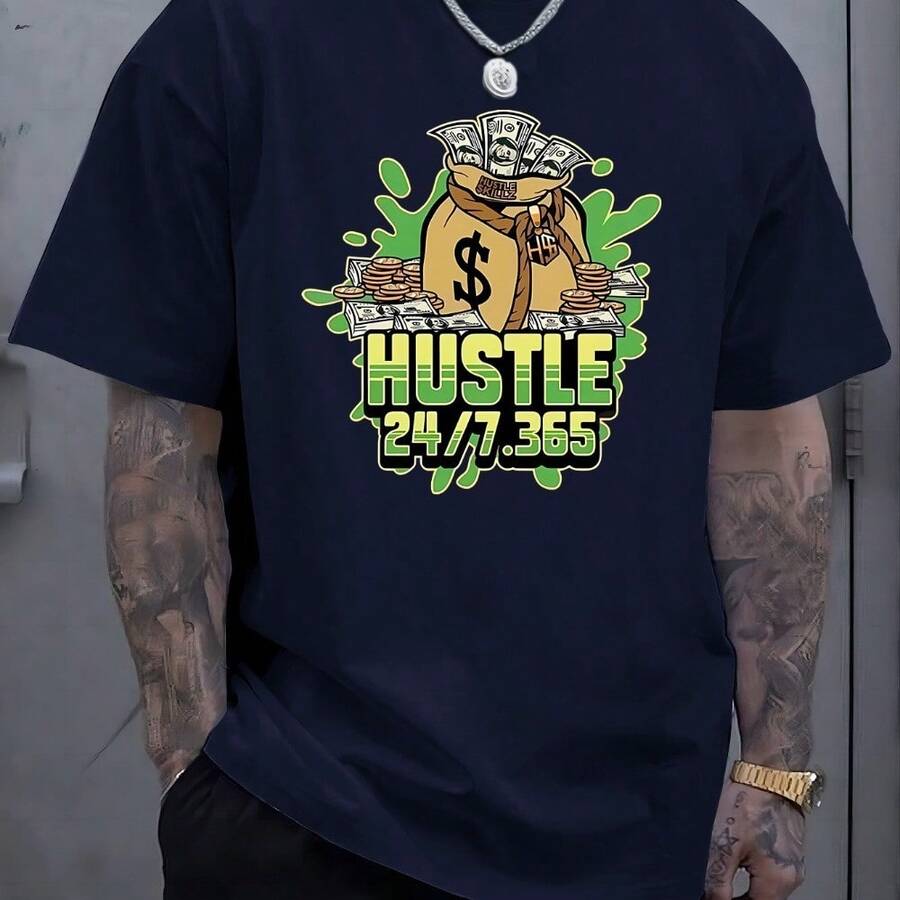 Camiseta estampada HUSTLE para homens, camiseta casual de manga curta para o verão - Azul Marinho - Visão 1