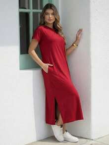 Women's Midi Dress With Pockets Round Neck Everyday Loose Fit - 紅色 - 查看 5