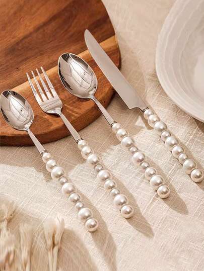 1/2/4/6/12/24件套独特仿珍珠陶瓷柄餐具套装，包含牛排刀、甜点叉和勺子 - 创意厨房工具和配件，刀、叉和勺子 - 适合日常用餐、生日派对、节日聚会和学校用品