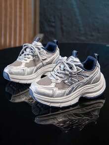 1双春季新款透气网面儿童运动鞋，女童轻便休闲厚底运动鞋，男童防滑跑步运动鞋 - 灰色 - 查看 5