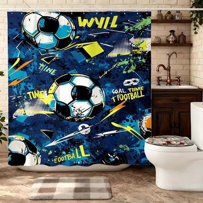 "Street Art Graffiti Soccer Shower Curtain, Vibrant Blue Yellow Football With 'Goal Time' Slogan Waterproof Polyester Shower Curtain Set With Hooks, Urban Sports Themed Bathroom Decor For Boys, Soccer Fan Home Decoration"
