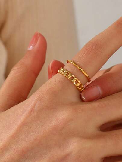 1pc 18K Gold Plated Stainless Steel Geometric Line Design Open Ring, Suitable For Women's Daily Wear