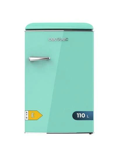 Cecotec Mini Frigorífico Retro Bolero CoolMarket TT 110L Verde: Gran Capacidad para Bebidas y Alimentos, Clase Energética E, Icebox con Cajón para Hielo, Luz Interior para Mayor Visibilidad, Diseño Vintage con Tirador Cromado y Bandejas de Cristal para Organización Óptima