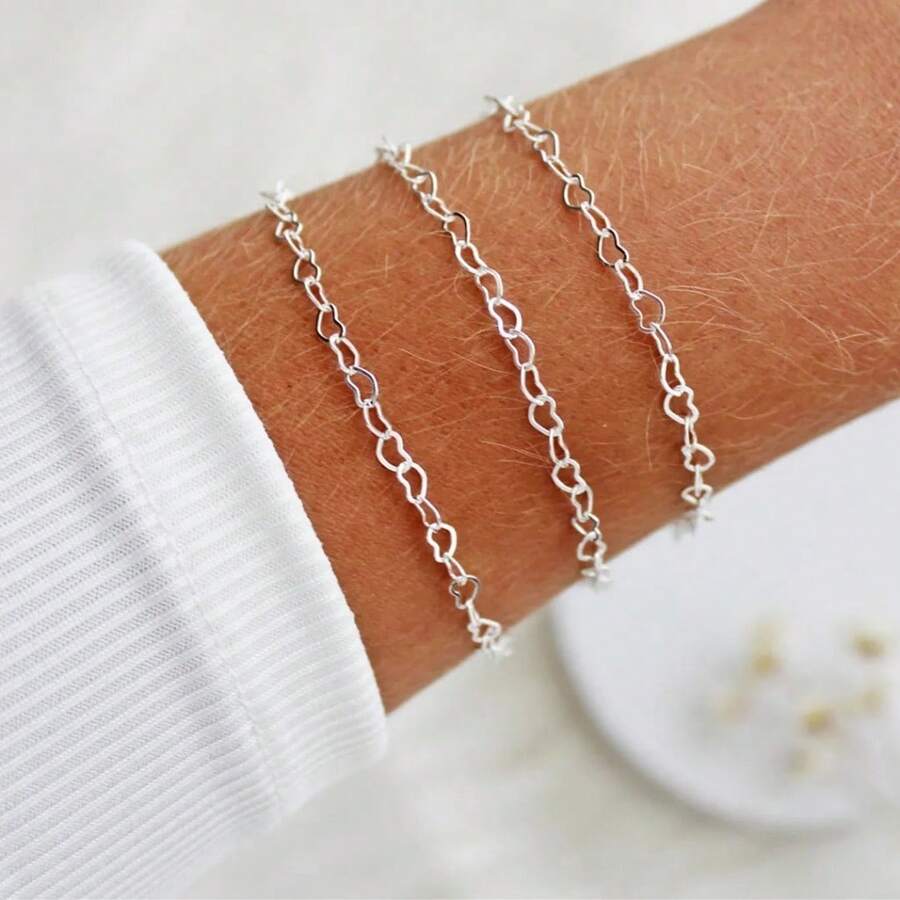 Pulseiras prata F925,             fita, coração, coração baitido, olho grego - elo coração - Visão 1
