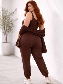 Plus Size 3-Piece Woolen Set: Cardigan, Tank Top, Pants - Simple, Casual, And Elegant - 鏽棕色 - 查看 1