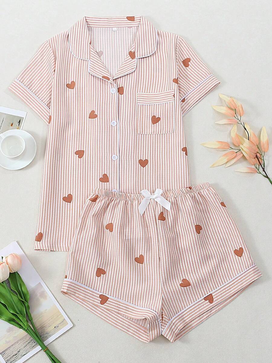 Striped Heart Print Short Sleeve Shorts Pajama Set For Women - Watermelon Pink - View 1