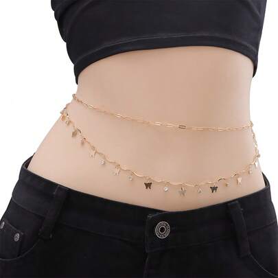1Pc Delicate Gold Butterfly & Rhinestone Layered Belly Chain, Adjustable Body Jewelry For Dresses, Beach Trips, Festival Looks, And Daily Wear