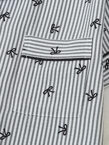 Striped Bow Print Women Bubble Crinkle Short Sleeve Shorts Pajama Set - Black - View 4
