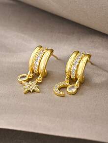 1 Pair Gold Earrings, Fashionable Elegant Minimalist Luxury High-End Gold Copper Inlaid Cubic Zirconia Pendant Earrings, Suitable For Women's Daily Wear - Gold - View 2