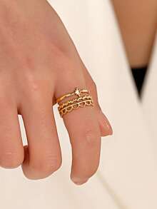 1枚18K镀金不锈钢个性化嘻哈星形八角星开口戒指，适合女性日常及派对佩戴 - 金色 - 查看 2