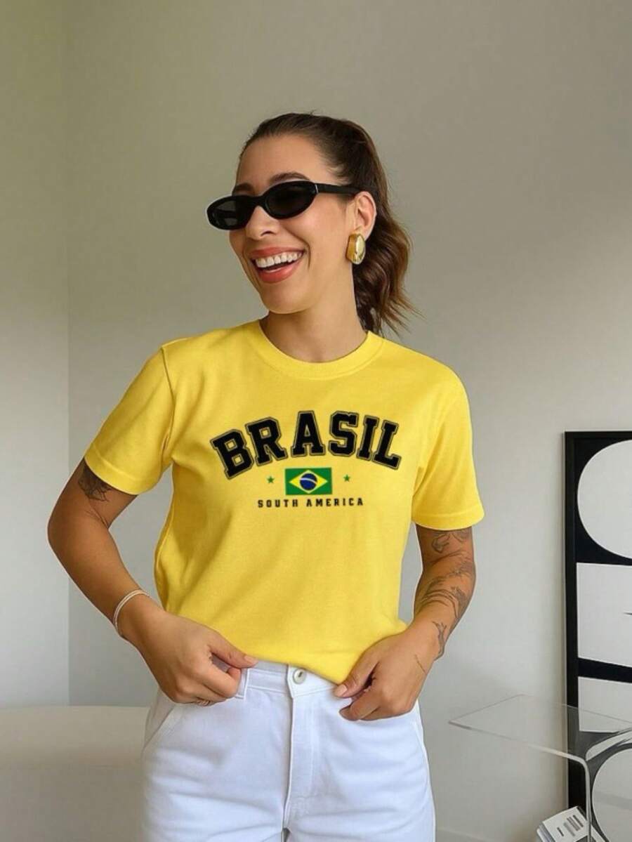 Women's T-Shirt With Brazil World Cup Print, Cotton Blouse, Round Neck - 黃色 - 查看 1
