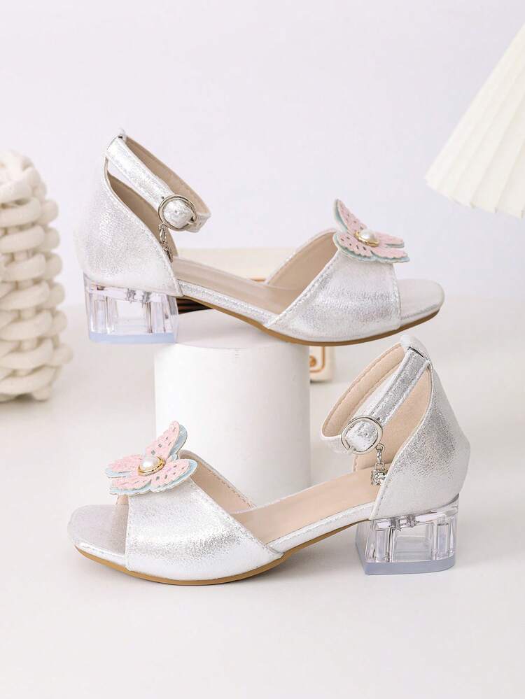 1双夏季新款银色女童高跟凉鞋，蝴蝶水晶公主鞋，软底户外露趾单带百搭凉鞋，适合3-12岁女孩参加派对、户外活动穿着 - 銀色 - 查看 6