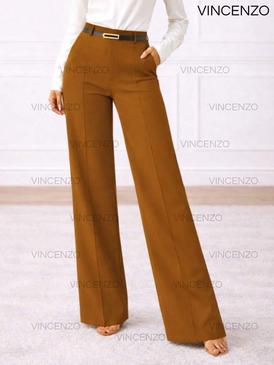 Women's Tailored Trousers High Waist Wide Leg Pants With Belt Casual Elegant - 駝色 - 查看 1