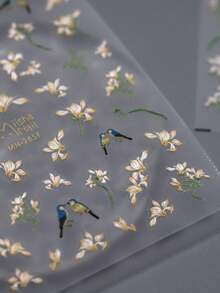1pc Embossed Yellow Lily Flower Magpie Bird Blooming Petals Nail Art Stickers 5D Oriental Elegant Nail Decals Self-Adhesive Manicure Accents For Women - Multicolor - View 3