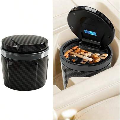 Car Ashtray With Lid, Smell Proof Carbon Fiber Vehicle Ash Tray Cup Holder, Smokeless Detachable Automotive Interior Trash Can, Universal SUV RV Sedan Gray