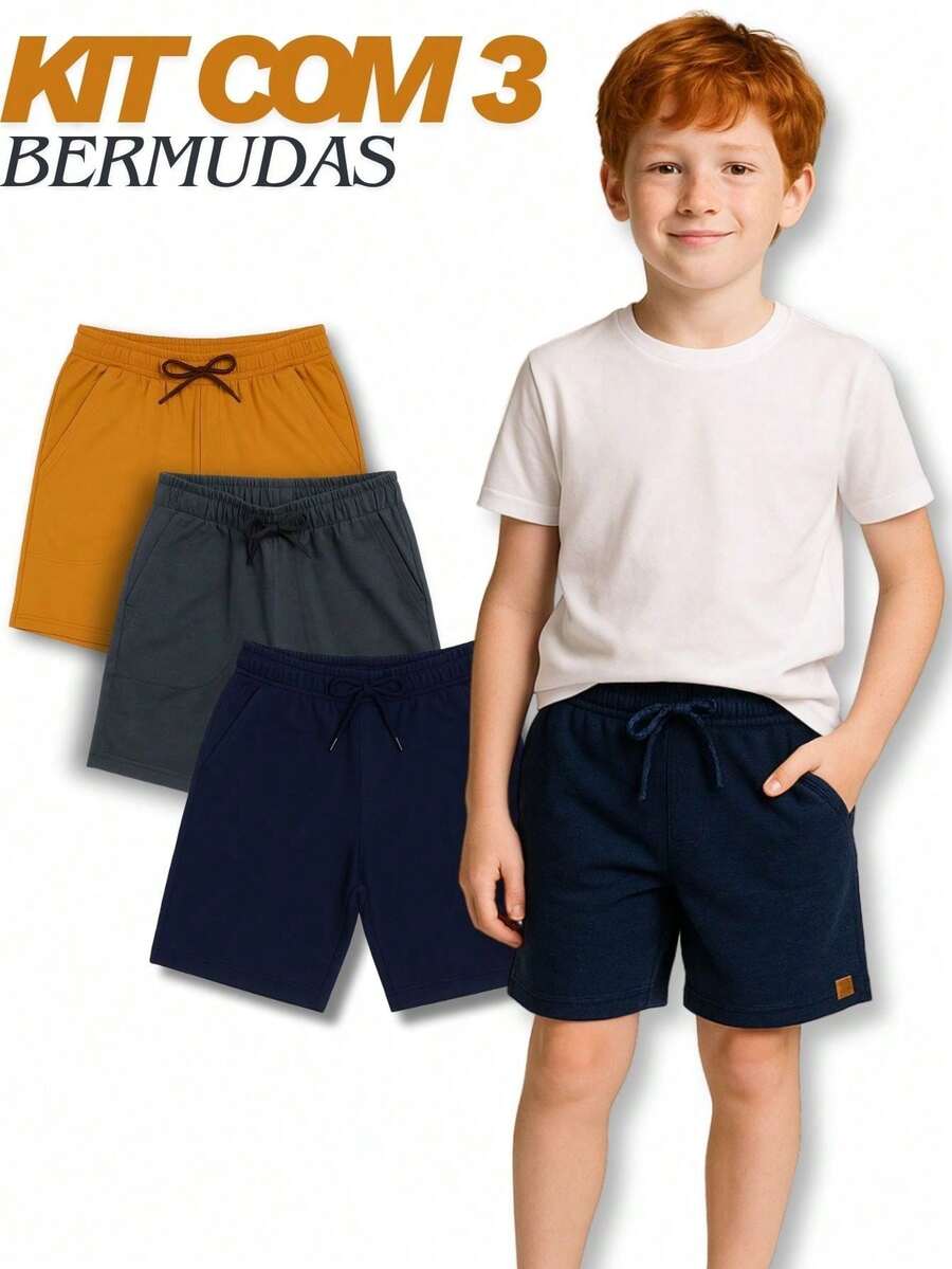 Set Of 3 Boys' Cotton Fleece Shorts With 2 Large Pockets - Navy/grey/caramel - View 1