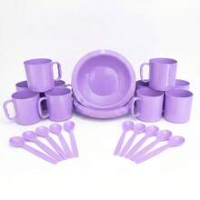 Kit Of 10 Mugs (400ml), 10 Soup Plates (22cm), And 10 Colorful Reusable Plastic Spoons. - 紫丁香 - 查看 1