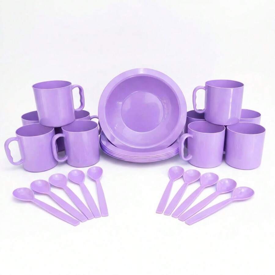 Kit Of 10 Mugs (400ml), 10 Soup Plates (22cm), And 10 Colorful Reusable Plastic Spoons. - 紫丁香 - 查看 1