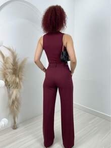 Women's Tailored Wide-Leg Trousers With High Waist, Belt, And Front Crease Detail – Elegant Business Casual Style. - 酒紅色 - 查看 2