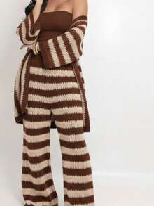 LARISSA KNITTING Women's Three-Piece Knit Set: Wide-Leg Pants, Top, And Kimono. - 棕色和沙色 - 查看 2