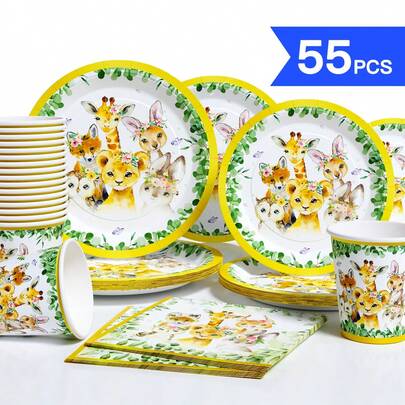 Gold Rim Green Leaf Cute Party Disposable Plates, Napkins, Cups, One-Time Party Supplies Set For 10 Guests, Disposable Paper Plates Suitable For Birthday, Wedding, Theme Party, Family Picnic