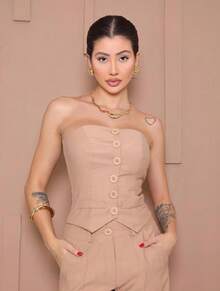 Women's Strapless Tailored Set With Wide-Leg Trousers And Elegant Vest With Buttons, Marrant Sensual Fabric - 米色 - 查看 2