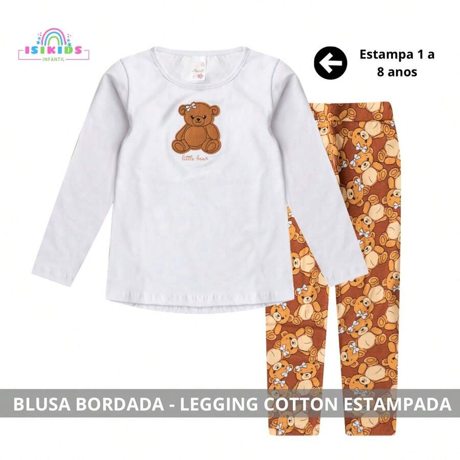 2-Piece Children's Winter Clothing Set For Girls, Ages 2-8, Mid-Season - 1 Embroidered Blouse And 1 Leggings - New White - View 1