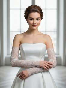 白色蕾丝新娘袖套一对，长款无弹力，优雅百搭，适合女士连衣裙、正式场合、派对等。 - 白色 - 查看 9