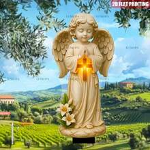 Estátua de anjo e cruz em acrílico, plana, para todas as estações, peça única, para jardim. Decoração externa para simbolizar a paz celestial. Resistente às intempéries, ideal para monumentos e cemitérios. Decoração para Páscoa e Dia das Mães. Não requer eletricidade. - A - Ver 6