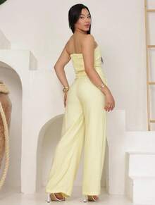 Women's Strapless Tailored Set With Wide-Leg Trousers And Elegant Vest With Buttons, Marrant Sensual Fabric - 黃色 - 查看 2