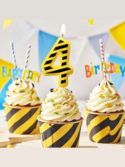 Yellow Background Black & White Striped Construction Vehicle Themed 0-9 Digits, Building Theme Birthday Party Cake Decorative Candles