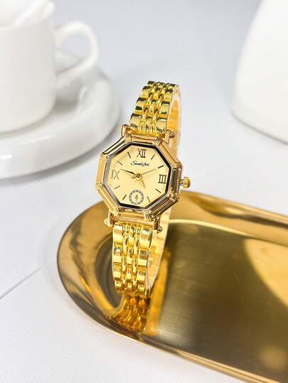 SUNLIFEX 1pc Fashionable & Elegant Vintage Hexagonal Women's Quartz Watch. Crafted With Gold & Silver Alloy, It Features A Compact, Delicate Design With A Casual Chic Style. Perfect For Daily Wear, Office, Parties And Various Occasions. A Great Gift Choice For Women, Also A Stylish Watch Accessory.