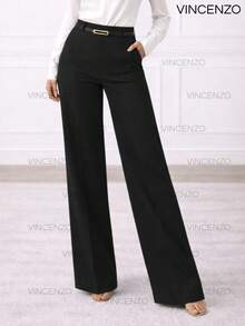 Women's Tailored Trousers High Waist Wide Leg Pants With Belt Casual Elegant - 黑色 - 查看 1