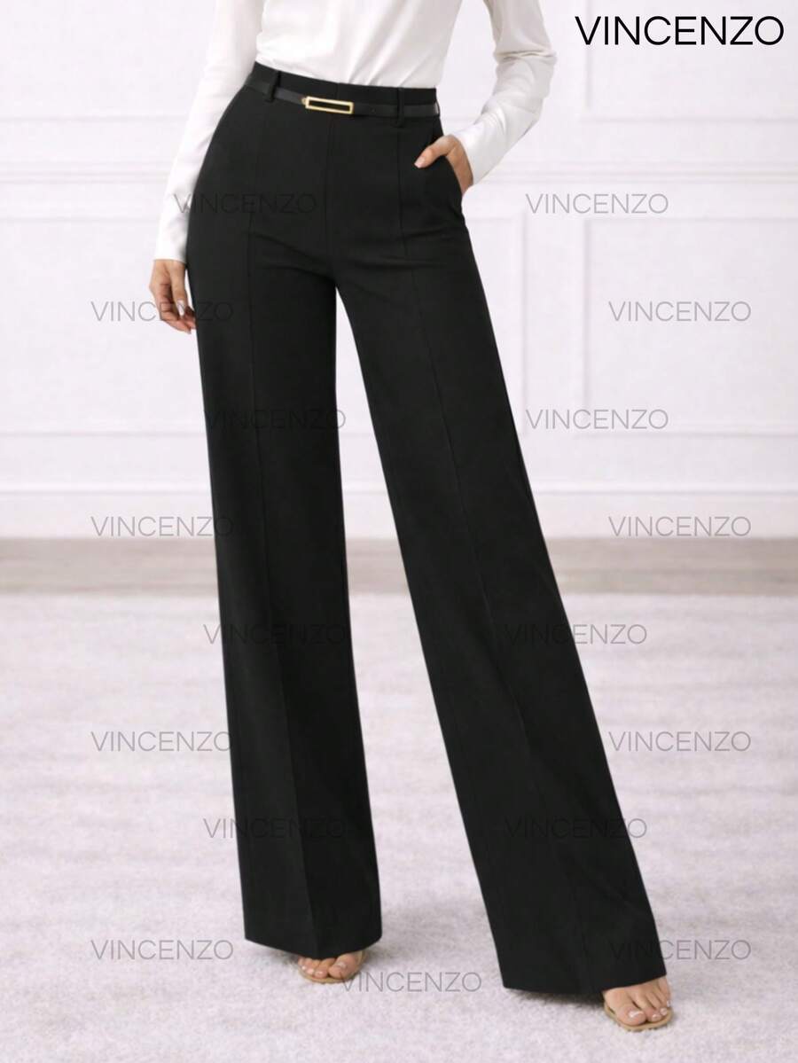 Women's Tailored Trousers High Waist Wide Leg Pants With Belt Casual Elegant - 黑色 - 查看 1