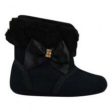 Bota Botinha Bebê Menina Pelo Pelúcia Rosa Inverno Botinha Forrada Laço Cetim  Strass  Infantil RN - Preto - Visão 3