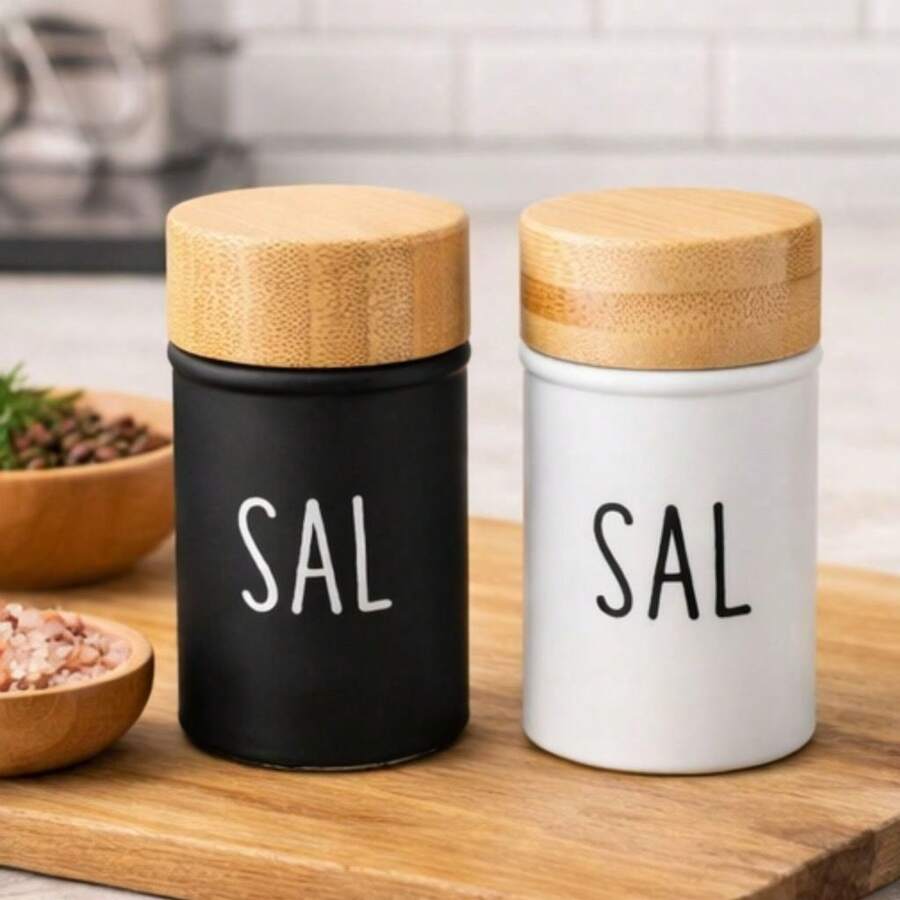 Glass Salt Shaker With The Word "Salt" And Natural Bamboo Lid - màu đen - Xem 1