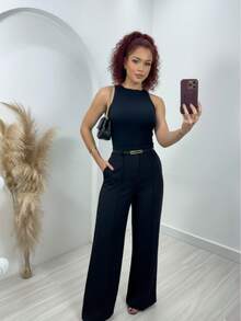 Women's Tailored Wide-Leg Trousers With High Waist, Belt, And Front Crease Detail – Elegant Business Casual Style. - 黑色 - 查看 1