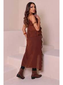 Bata Túnica Feminina Maria, Longa com Babados Fenda Boho Elegante Primavera verão 2026 Casual Chic e sofisticado - Marrom - Visão 5