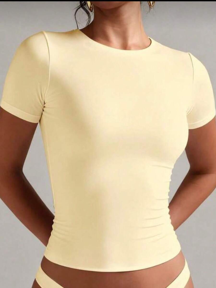 Women's Baby Tee Blouse, Casual, Minimalist, Summer Fashion, Babylook - Vàng nhạt - Xem 1