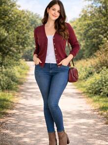 Women's Knit Jacket In A Woolen Style With Functional Buttons, Casual, Buttons At The Front, Office Style. - Màu Tím - Xem 6