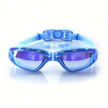 1pc Rainbow Coated Swimming Goggles With Ear Plugs, Waterproof Anti-Fog Adult Swimming Goggles, Beach Essentials, Beach Accessories, Pool Float - Blue - View 1