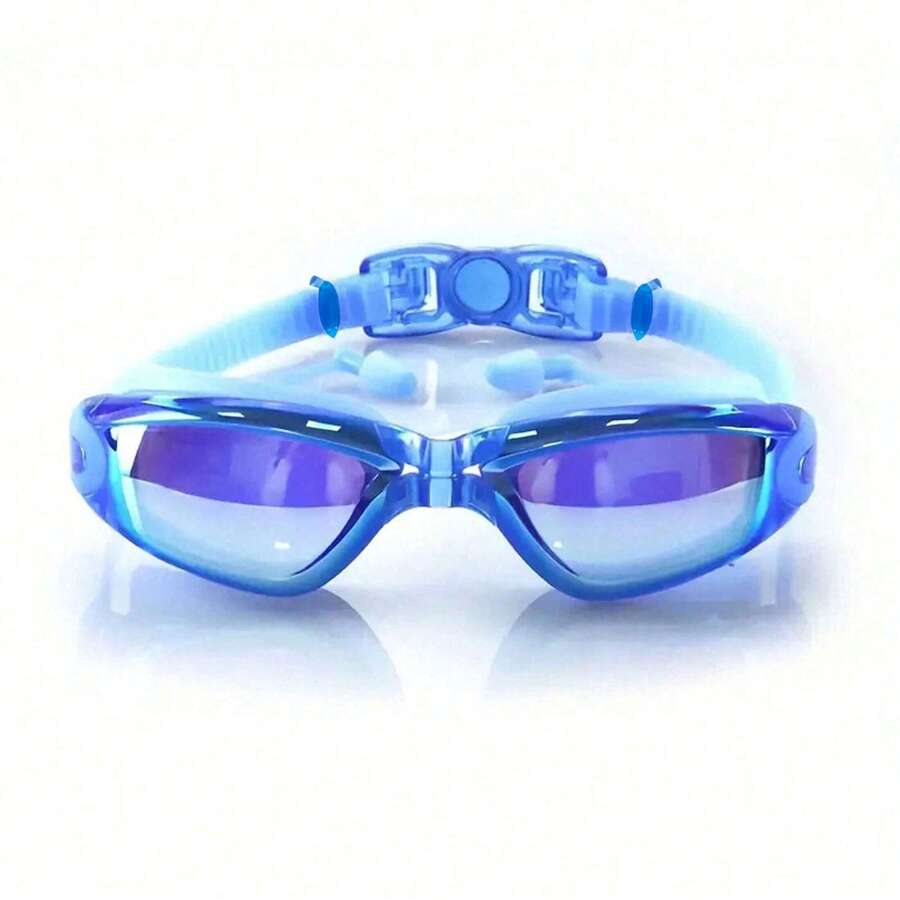 1pc Rainbow Coated Swimming Goggles With Ear Plugs, Waterproof Anti-Fog Adult Swimming Goggles, Beach Essentials, Beach Accessories, Pool Float - Blue - View 1