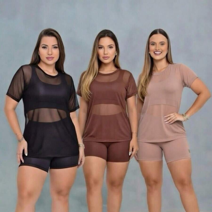 Set Of 3 Women's Tulle Tops For The Gym – Lightweight And Stylish - 3 Transparent Women's Workout Shirts – Comfort And Coolness - Set With 3 Fitness Tulle Tops - 黑棕色裸色 - 查看 1