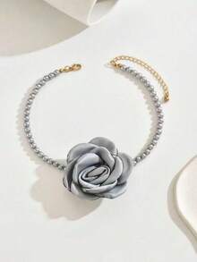 1pc Women's Elegant Faux Pearl Fabric Flower Beaded Necklace, Suitable For Party Wear - Grey - View 13